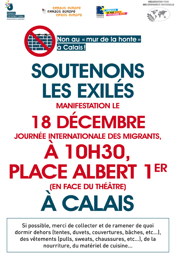 Soutenons les exilés. Manifestation le 18 décembre. Journée internationale des migrants.